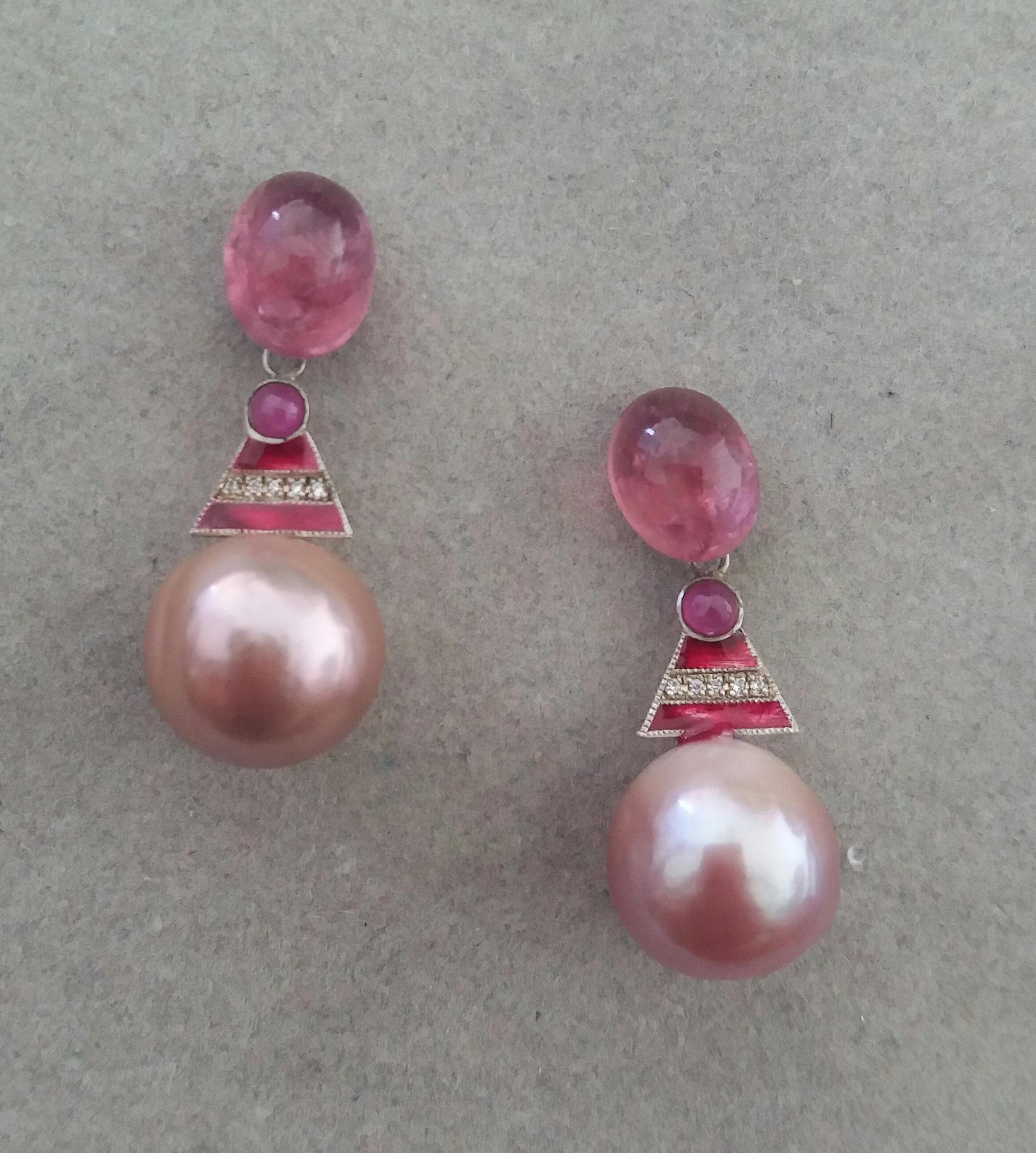 Cabochon Art Deco Style Pink Tourmaline Rose Baroque Pearl Enamel Gold Diamonds Earrings