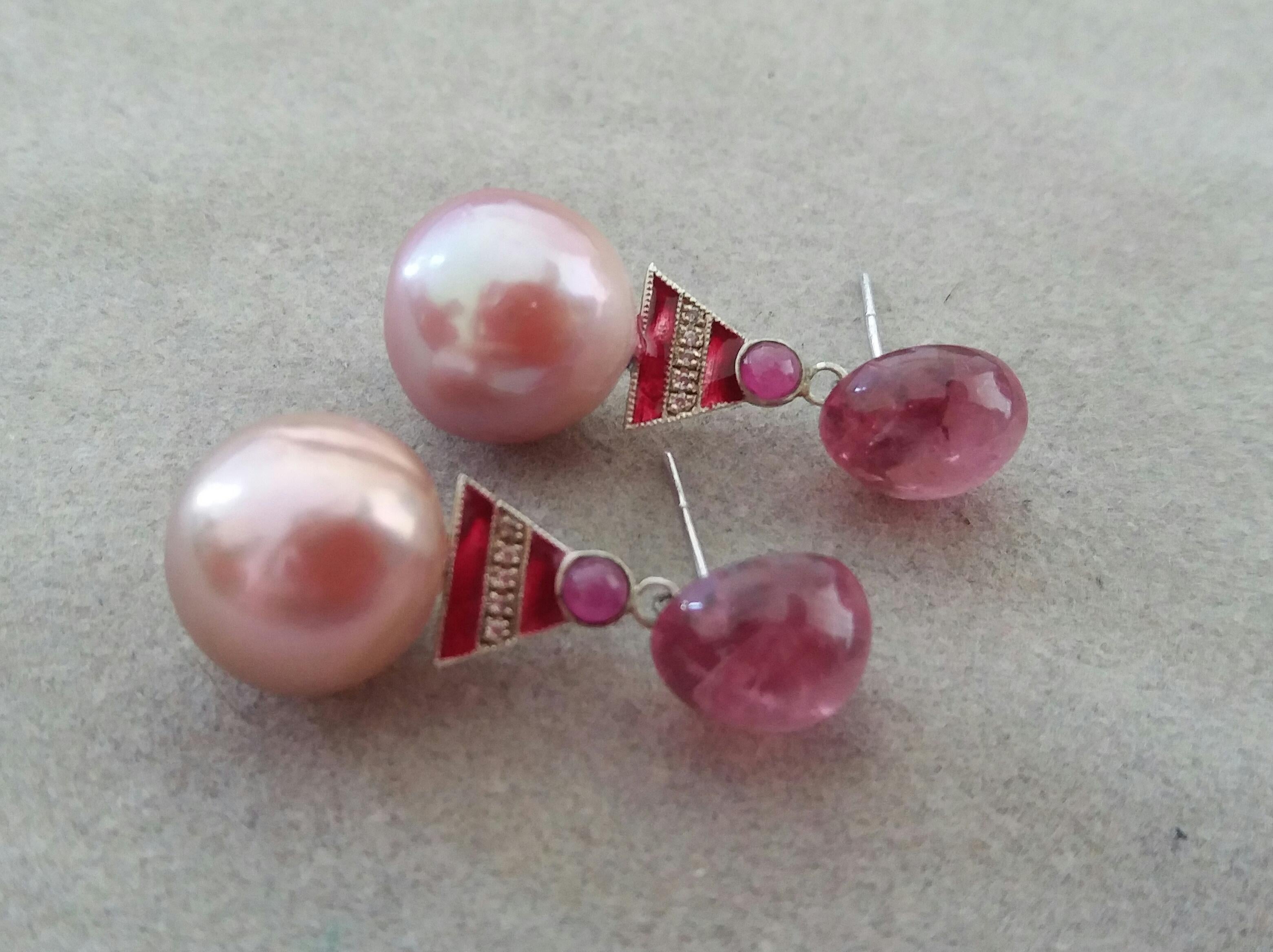 Women's Art Deco Style Pink Tourmaline Rose Baroque Pearl Enamel Gold Diamonds Earrings