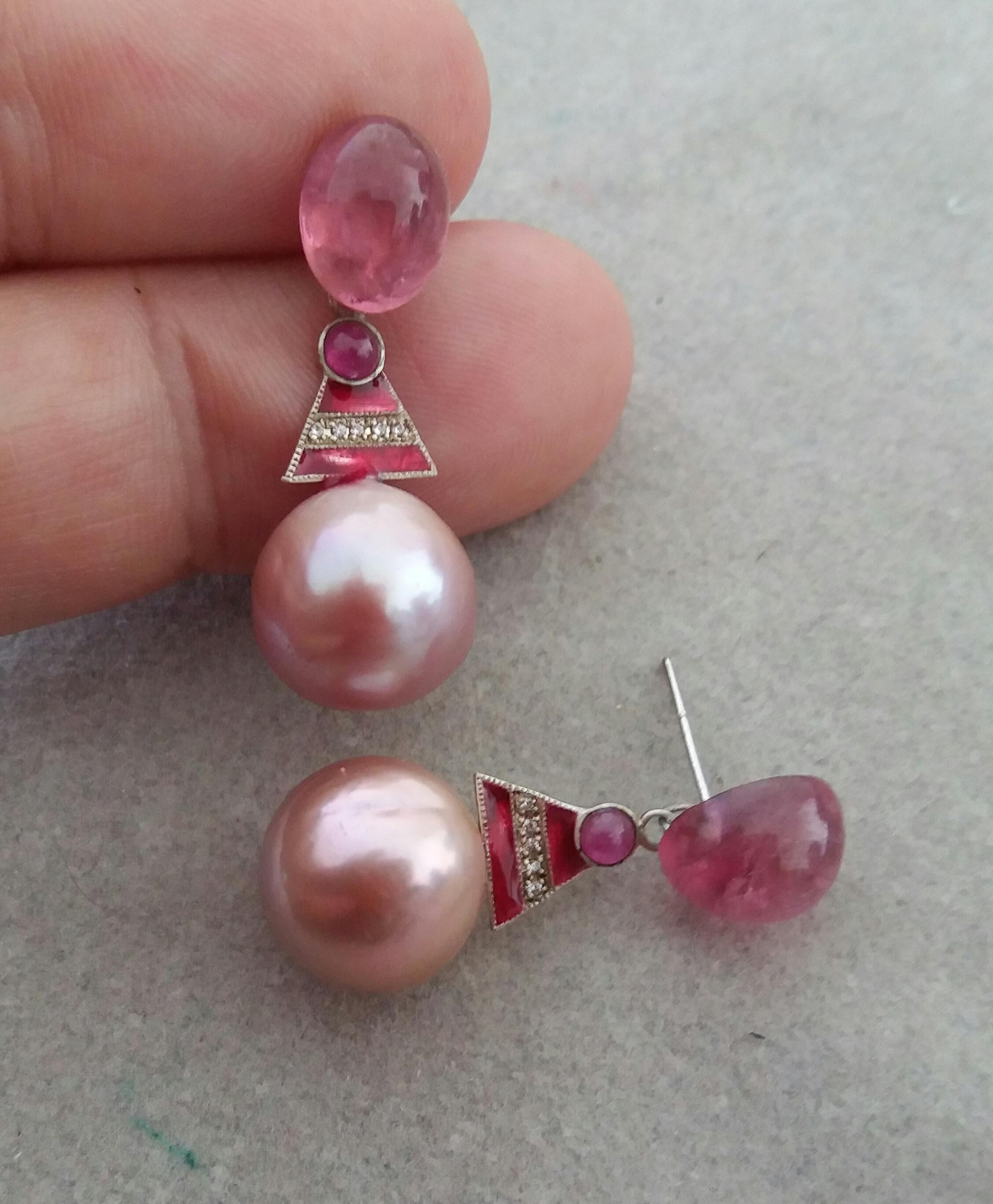 Art Deco Style Pink Tourmaline Rose Baroque Pearl Enamel Gold Diamonds Earrings 1