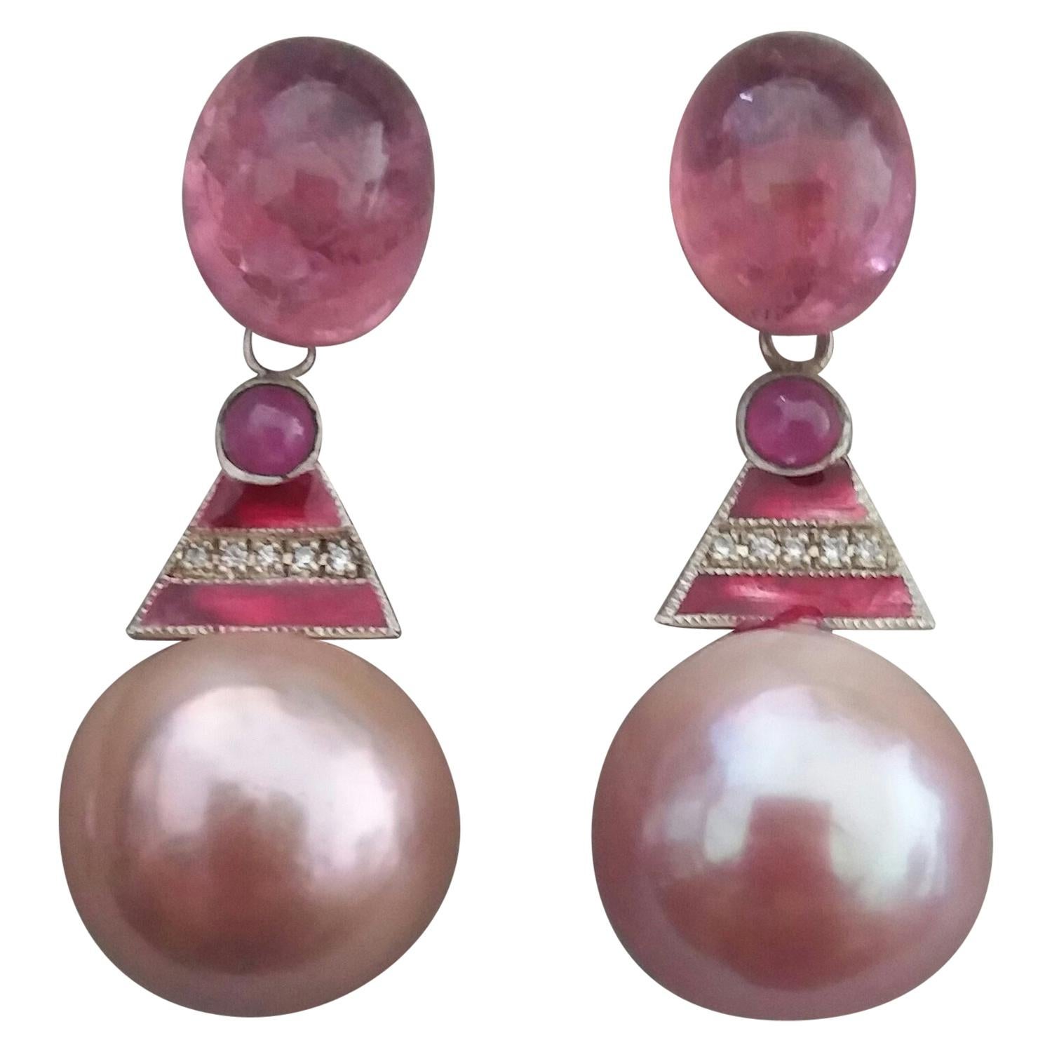 Art Deco Style Pink Tourmaline Rose Baroque Pearl Enamel Gold Diamonds Earrings