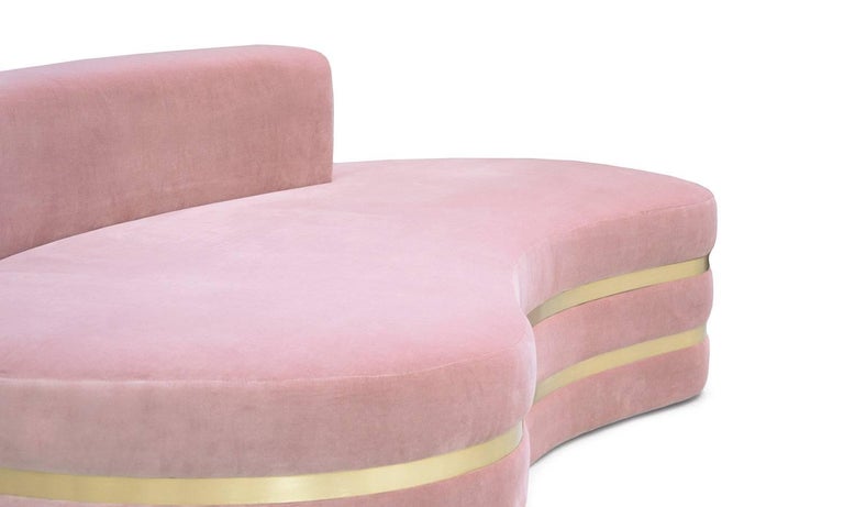 Contemporary Modern Art Deco Pink Velvet and Brass Curved Tokyo Sofa Handcrafted and Custom For Sale