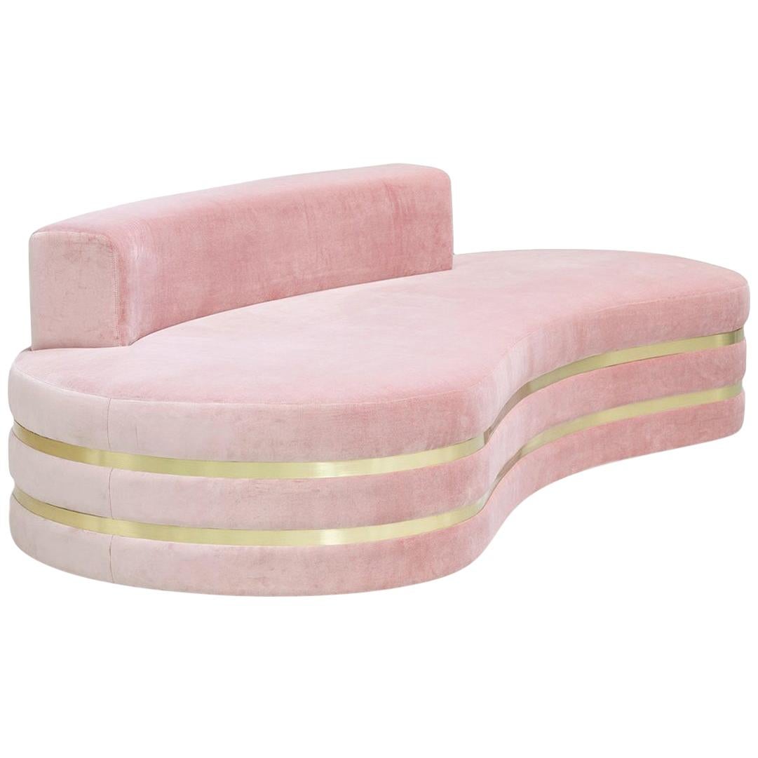 Organic Modern Art Deco Pink Velvet and Brass Curved Tokyo Sofa Handcrafted For Sale