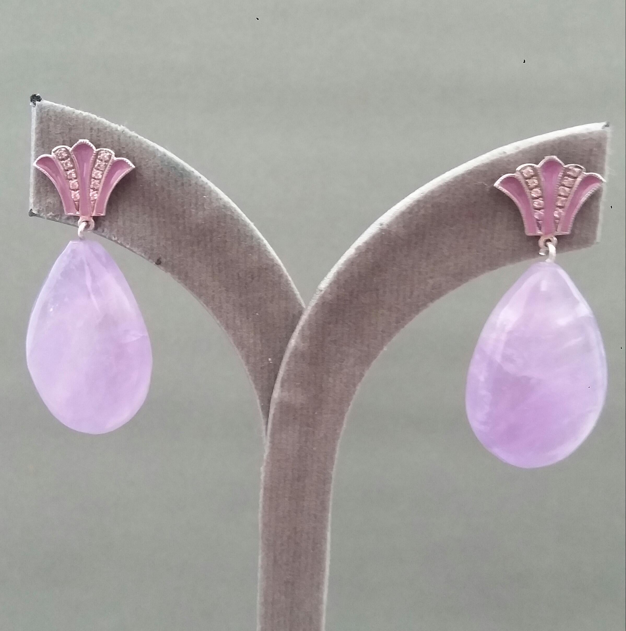 Art Deco Style Plain Drop Shape Amethyst Gold Diamonds Enamel Dangle Earrings For Sale 5