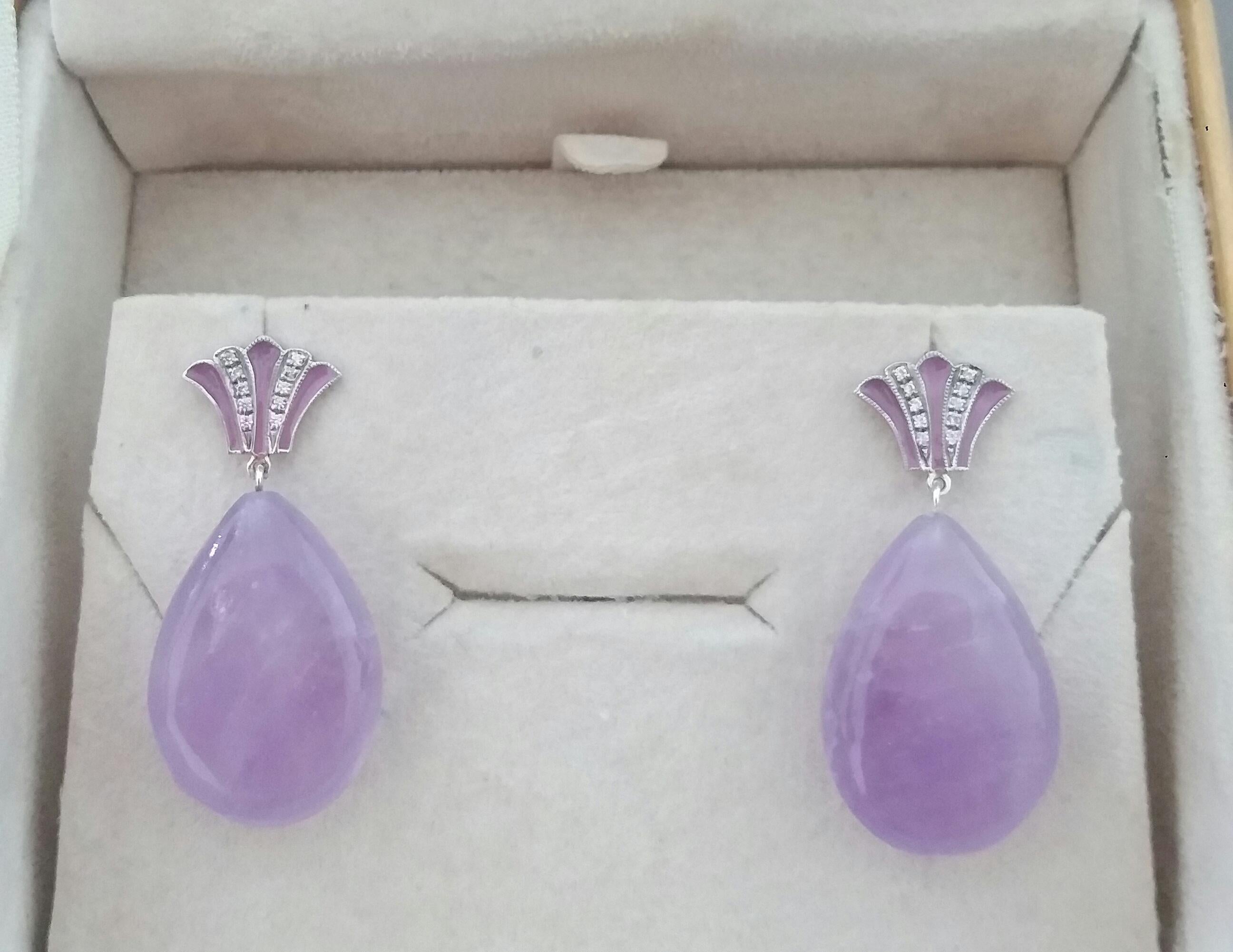 Art Deco Style Plain Drop Shape Amethyst Gold Diamonds Enamel Dangle Earrings For Sale 1