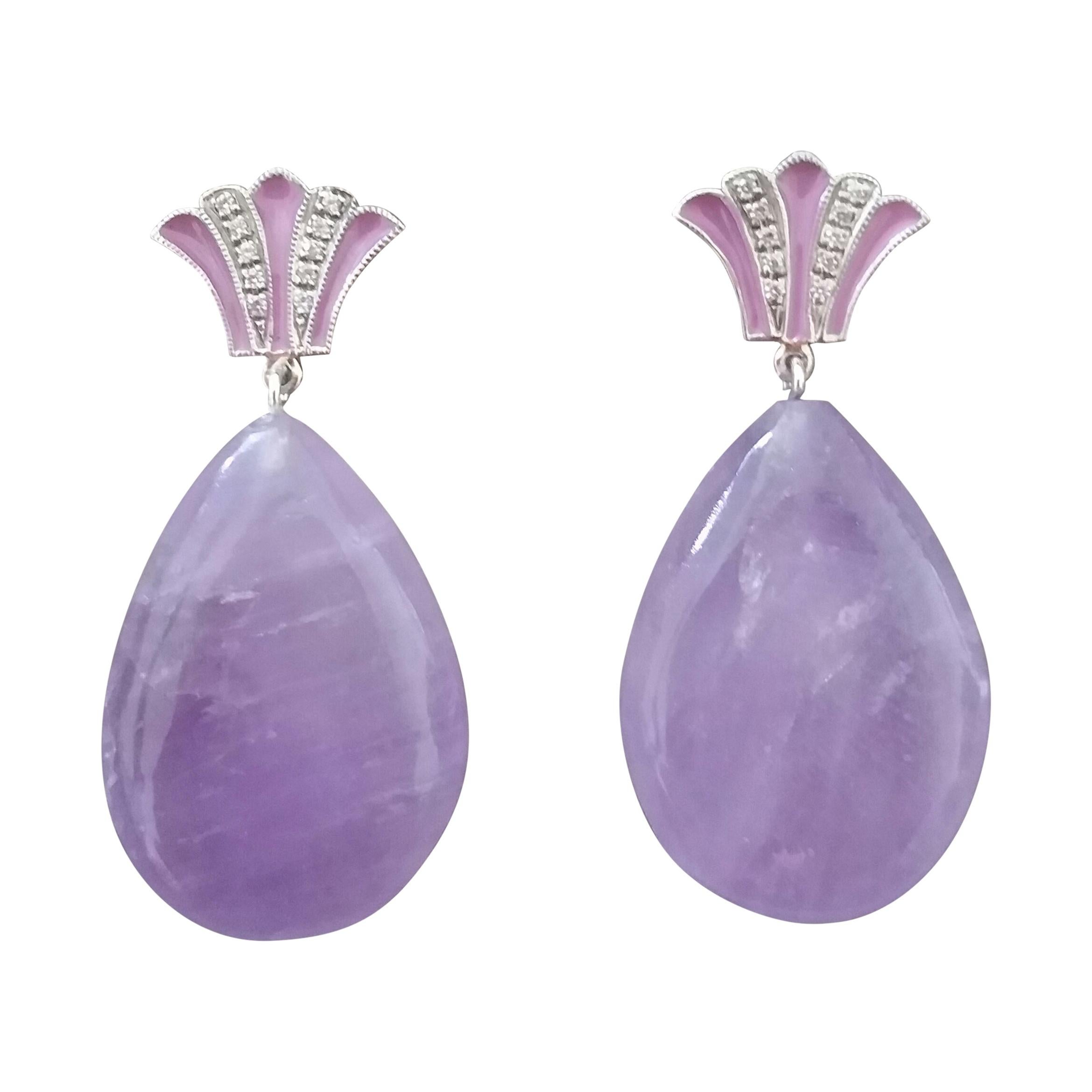 Art Deco Style Plain Drop Shape Amethyst Gold Diamonds Enamel Dangle Earrings