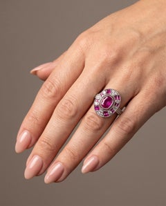Art Deco Style Platinum 0.81 ct Mozambique Ruby and Diamond Cluster Ring