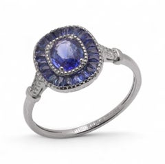 Art Deco Platinum Cluster Ring with 0.83ct Oval Sapphire & Diamonds