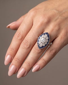 Art Deco Style Platinum 1.00 ct Diamond Navette Ring, Calibre Sapphire Border