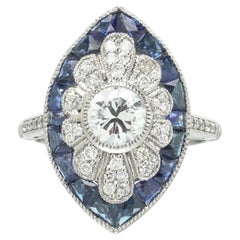 Art Deco Style Platinum 1.00 ct Diamond Navette Ring, Calibre Sapphire Border