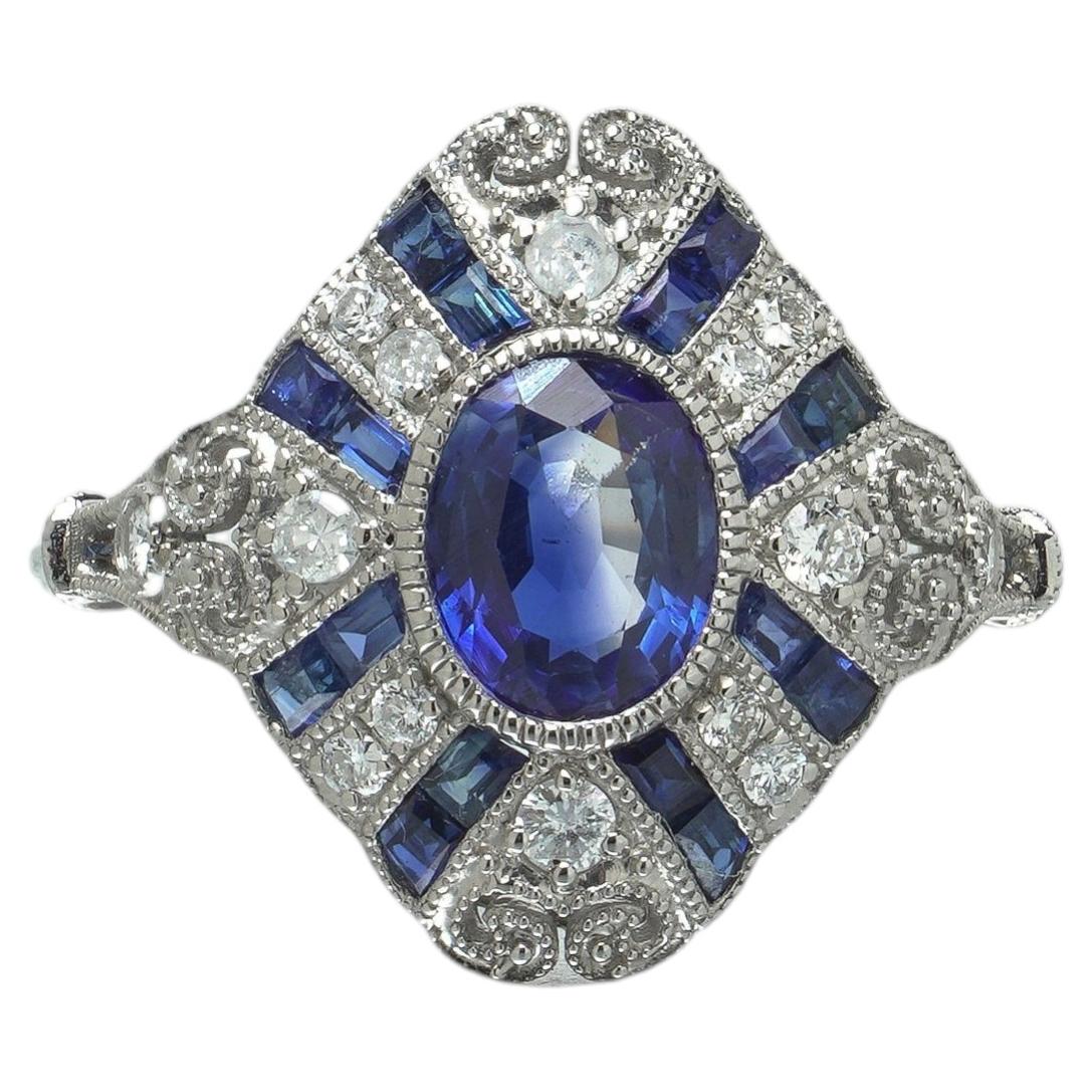 Anello in platino in stile Art Déco con zaffiro da 1,00 ct e diamanti a forma di losanga