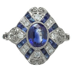 Art Deco Style Platinum 1.00 ct Sapphire and Diamond Lozenge Ring