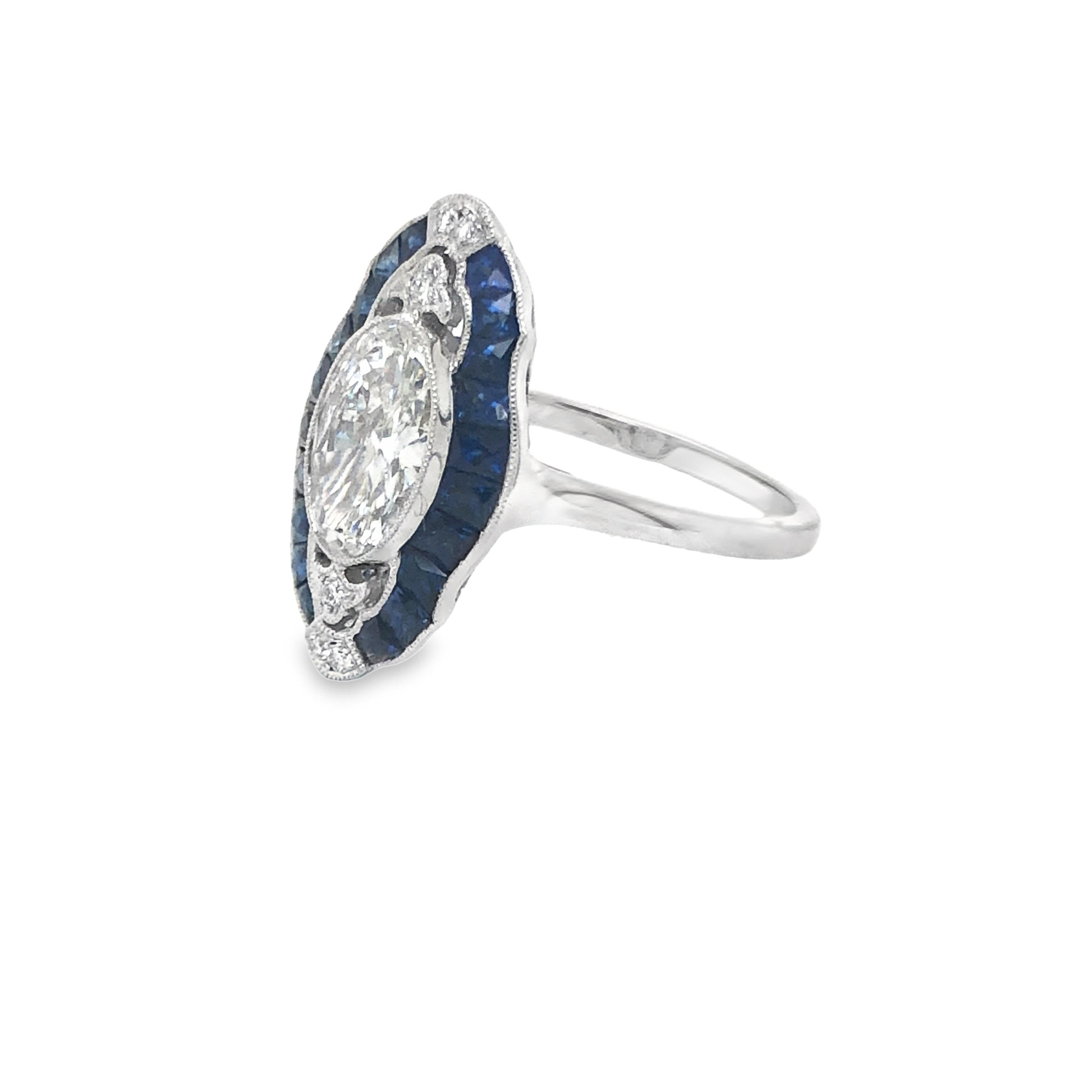 Oval Cut Art Deco Style Platinum 1.04 F, SI1 GIA Diamond & Sapphire Ring For Sale
