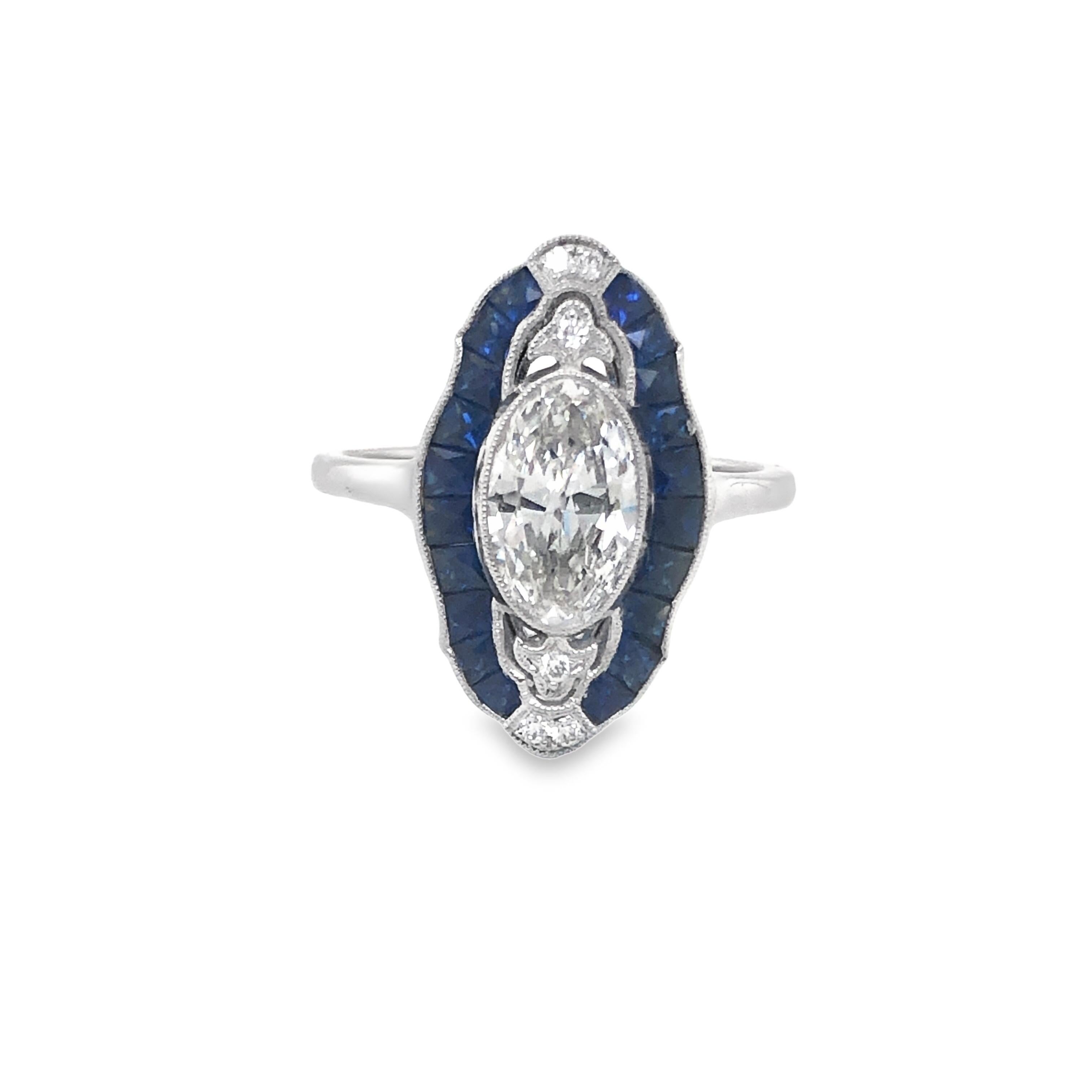 Art Deco Style Platinum 1.04 F, SI1 GIA Diamond & Sapphire Ring In New Condition For Sale In New York, NY