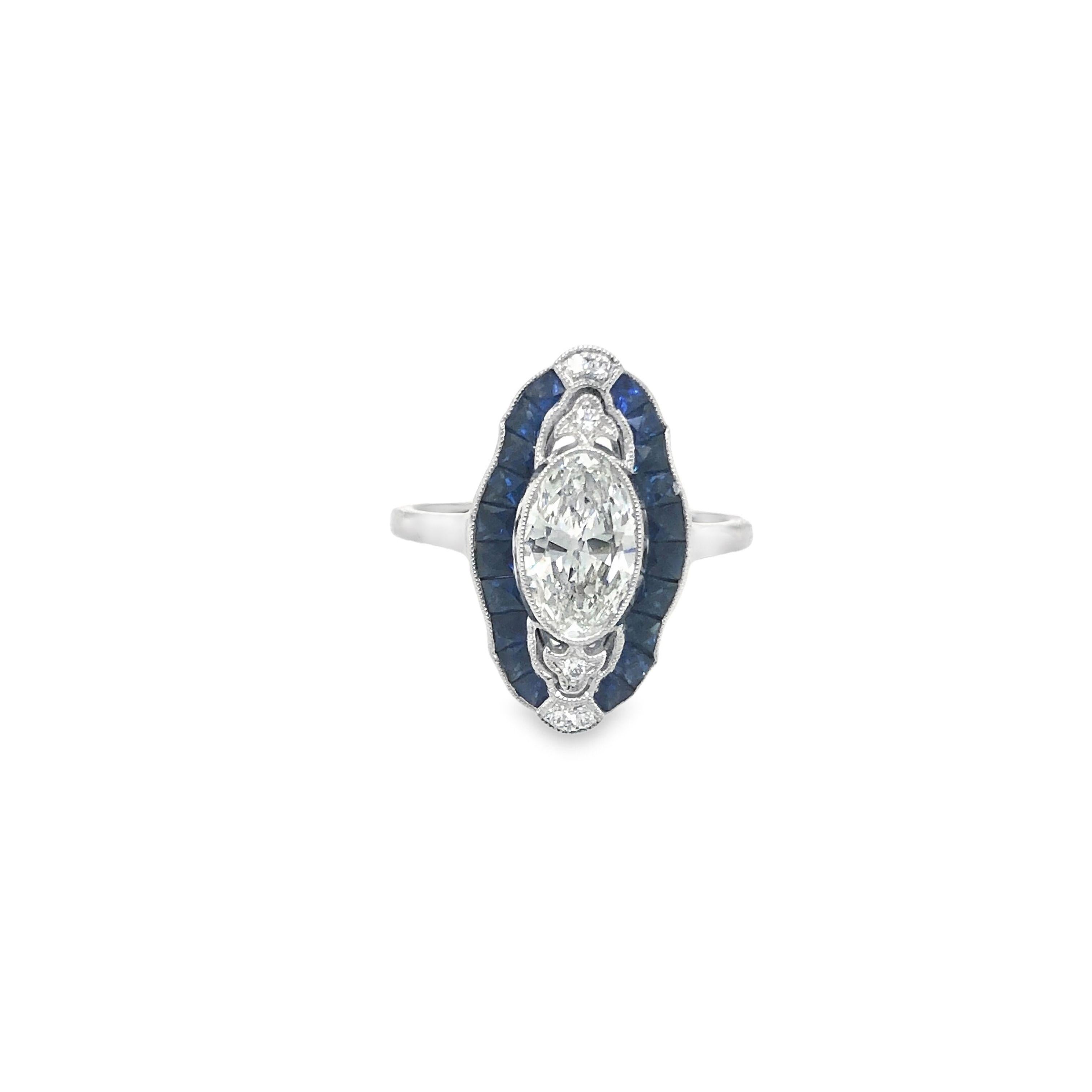 Art Deco Stil Platin 1,04 F, SI1 GIA Diamant & Saphir Ring im Zustand „Neu“ im Angebot in New York, NY