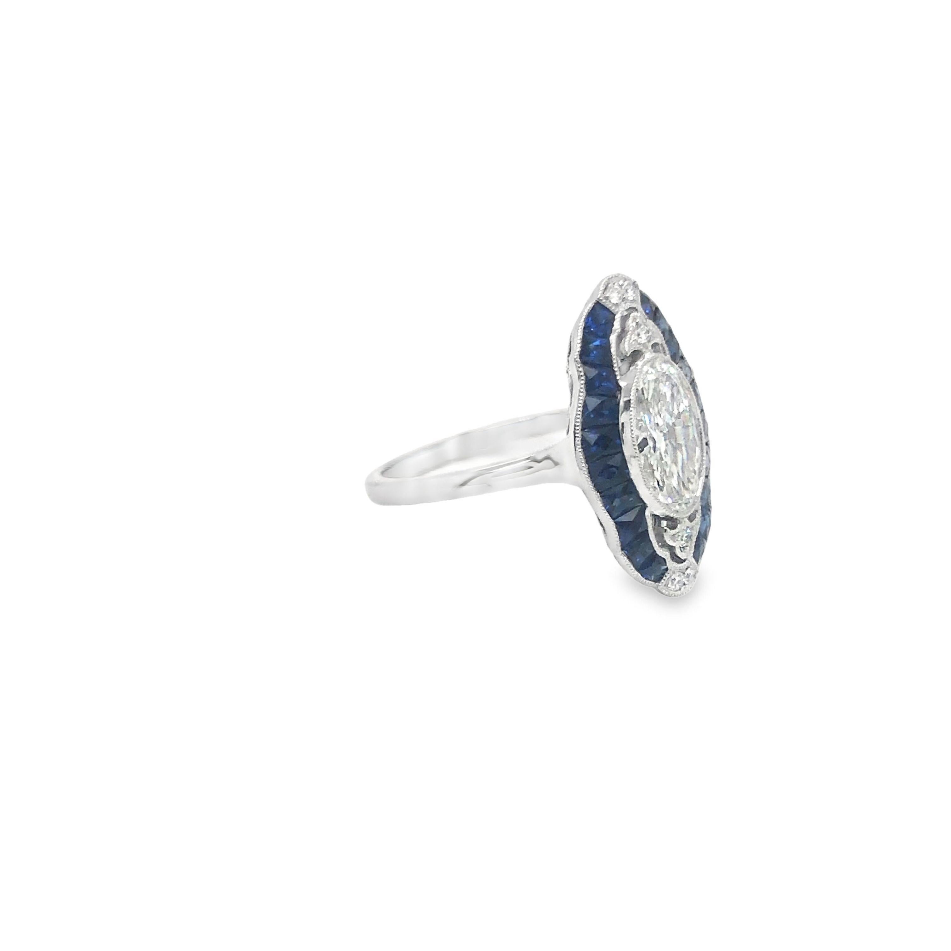 Art Deco Style Platinum 1.04 F, SI1 GIA Diamond & Sapphire Ring For Sale 1