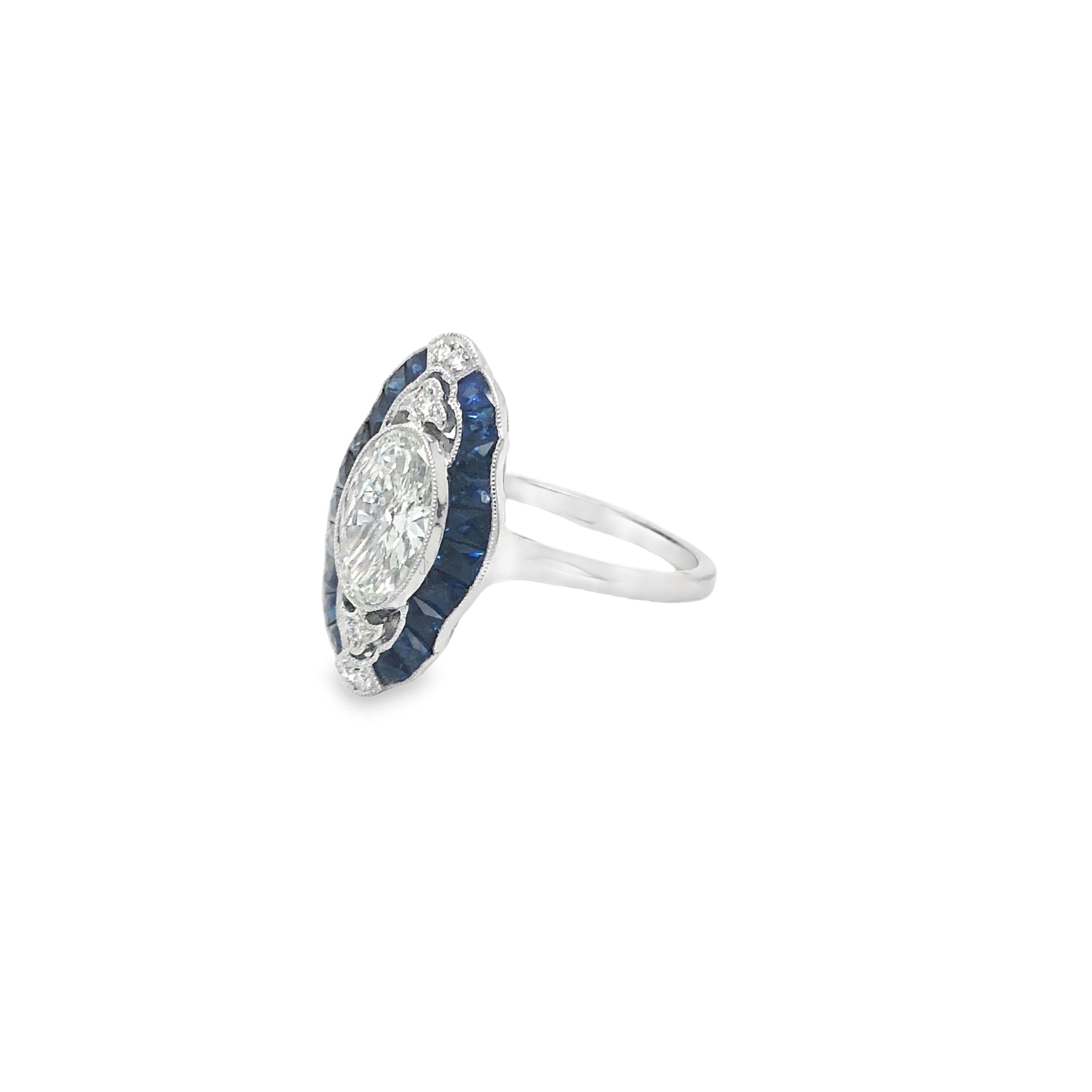 Art Deco Stil Platin 1,04 F, SI1 GIA Diamant & Saphir Ring im Angebot 1