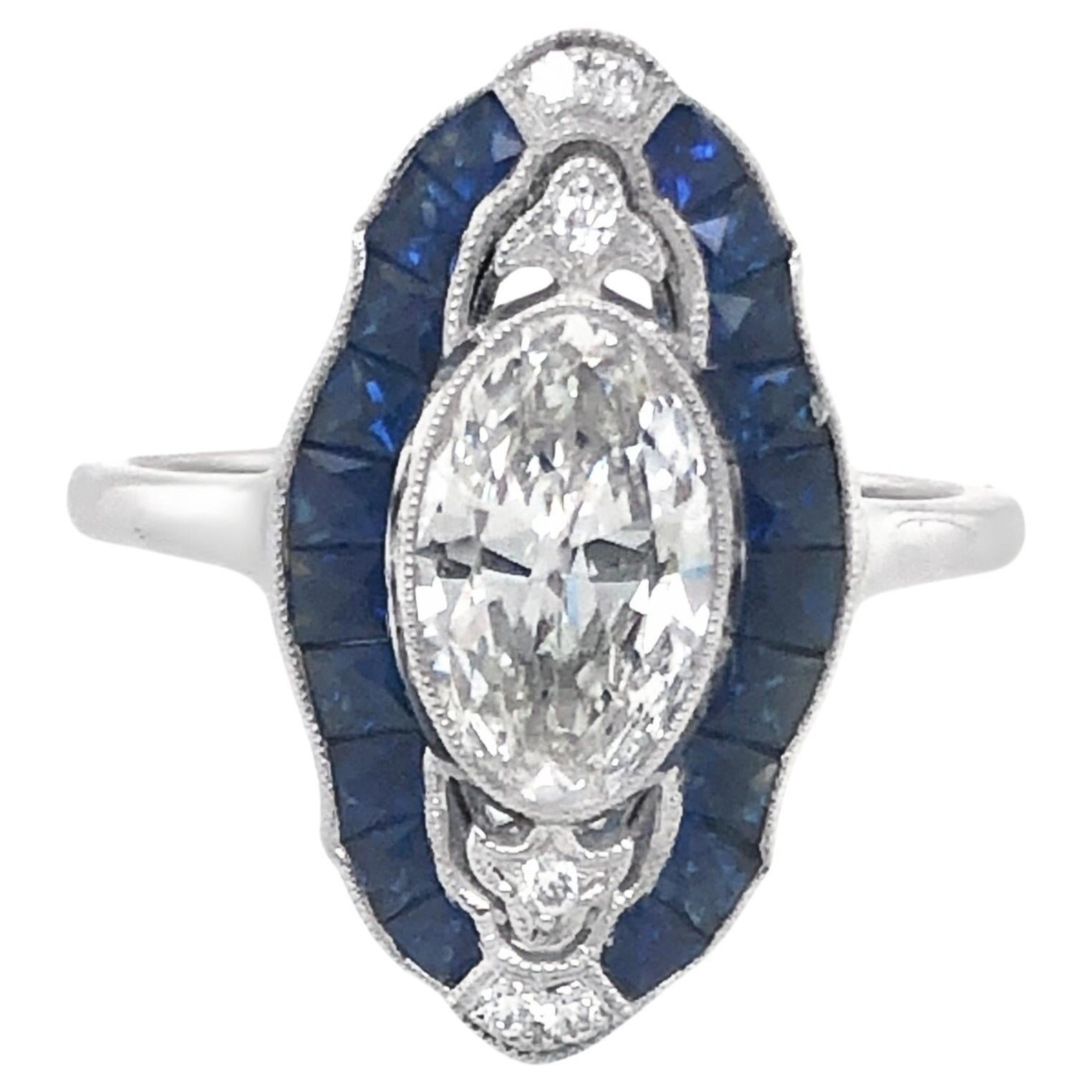 Art Deco Style Platinum 1.04 F, SI1 GIA Diamond & Sapphire Ring