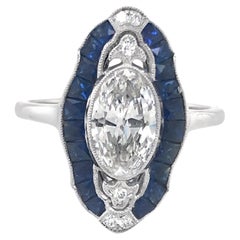 Art Deco Stil Platin 1,04 F, SI1 GIA Diamant & Saphir Ring