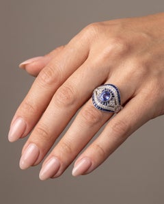 Art Deco Style Platinum 1.09 ct Sapphire and Diamond Bombe Navette Ring