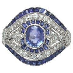 Art Deco Style Platinum 1.09 ct Sapphire and Diamond Bombe Navette Ring