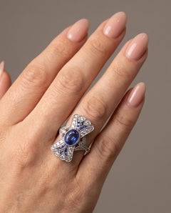 Art Deco Style Platinum 1.11 ct Sapphire and Diamond Bow Plaque Ring