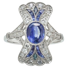 Art Deco Style Platinum 1.11 ct Sapphire and Diamond Bow Plaque Ring