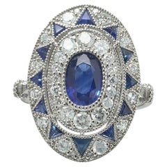 Art Deco Style Platinum 1.13 ct Sapphire and Diamond Oval Plaque Ring