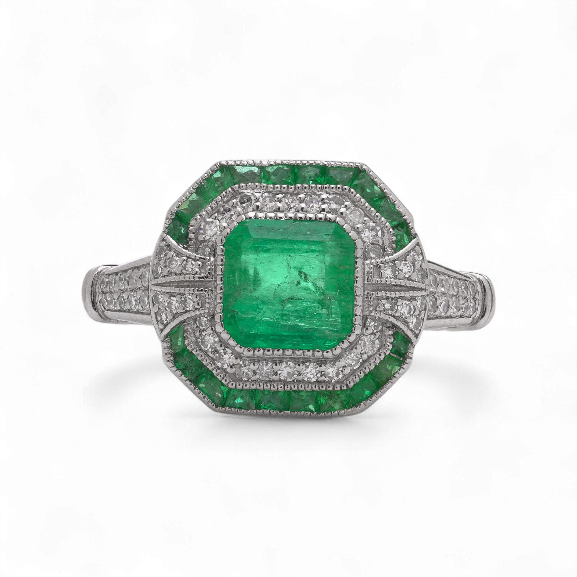 Art Deco Stil Platin 1,19 ct. Smaragd- und Diamant-Ring (Carréeschliff) im Angebot