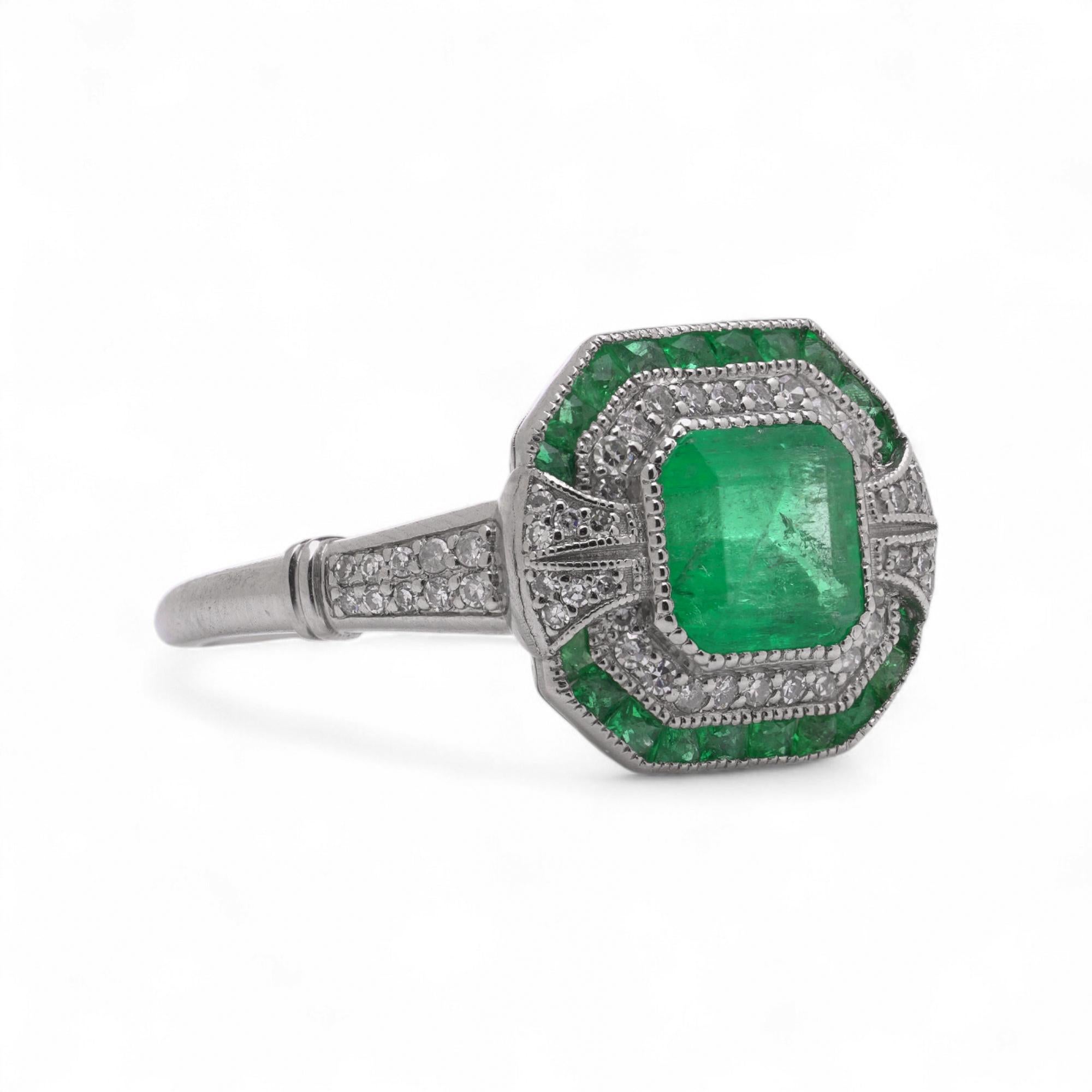 Art Deco Stil Platin 1,19 ct. Smaragd- und Diamant-Ring im Zustand „Gut“ im Angebot in Braintree, GB
