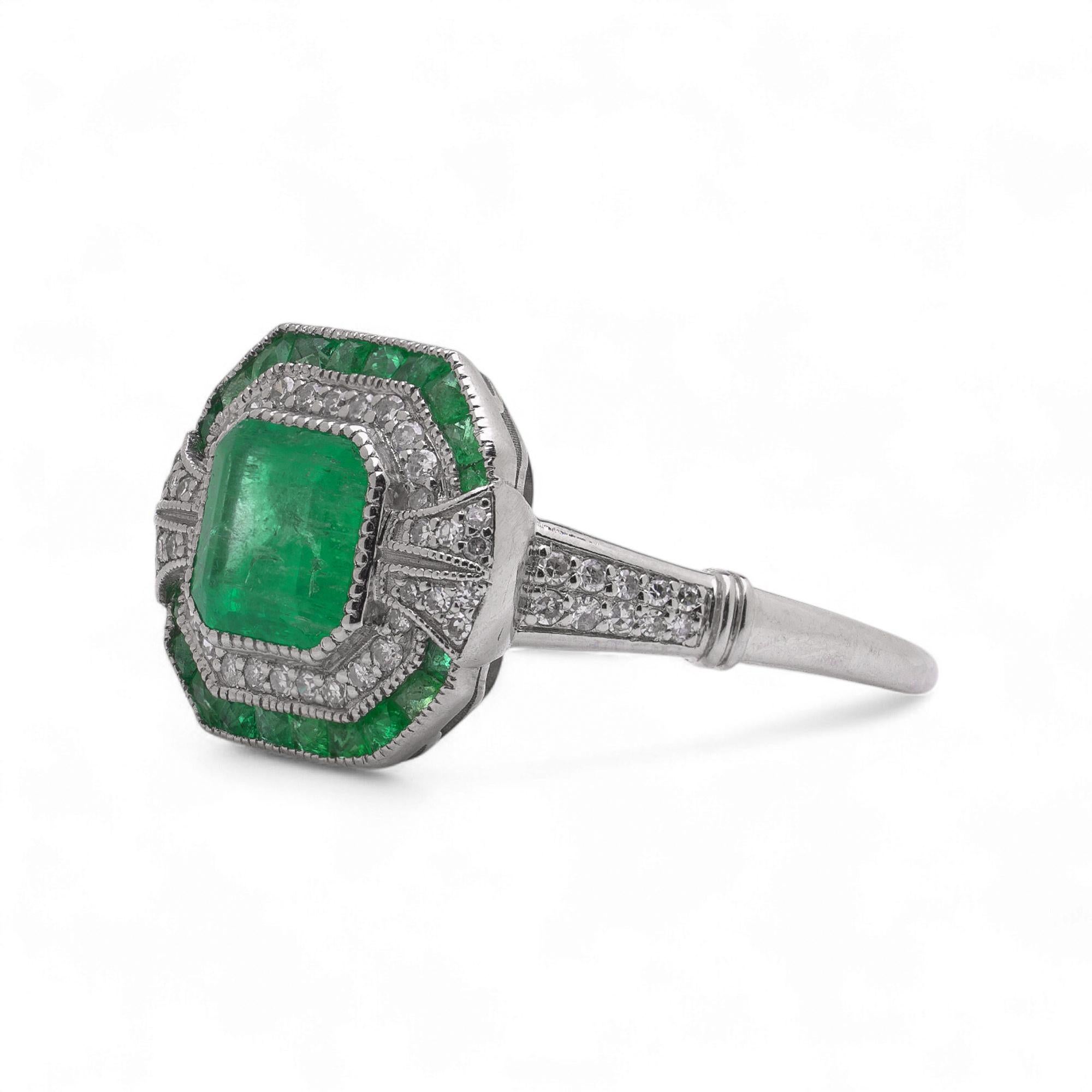 Art Deco Stil Platin 1,19 ct. Smaragd- und Diamant-Ring Damen im Angebot