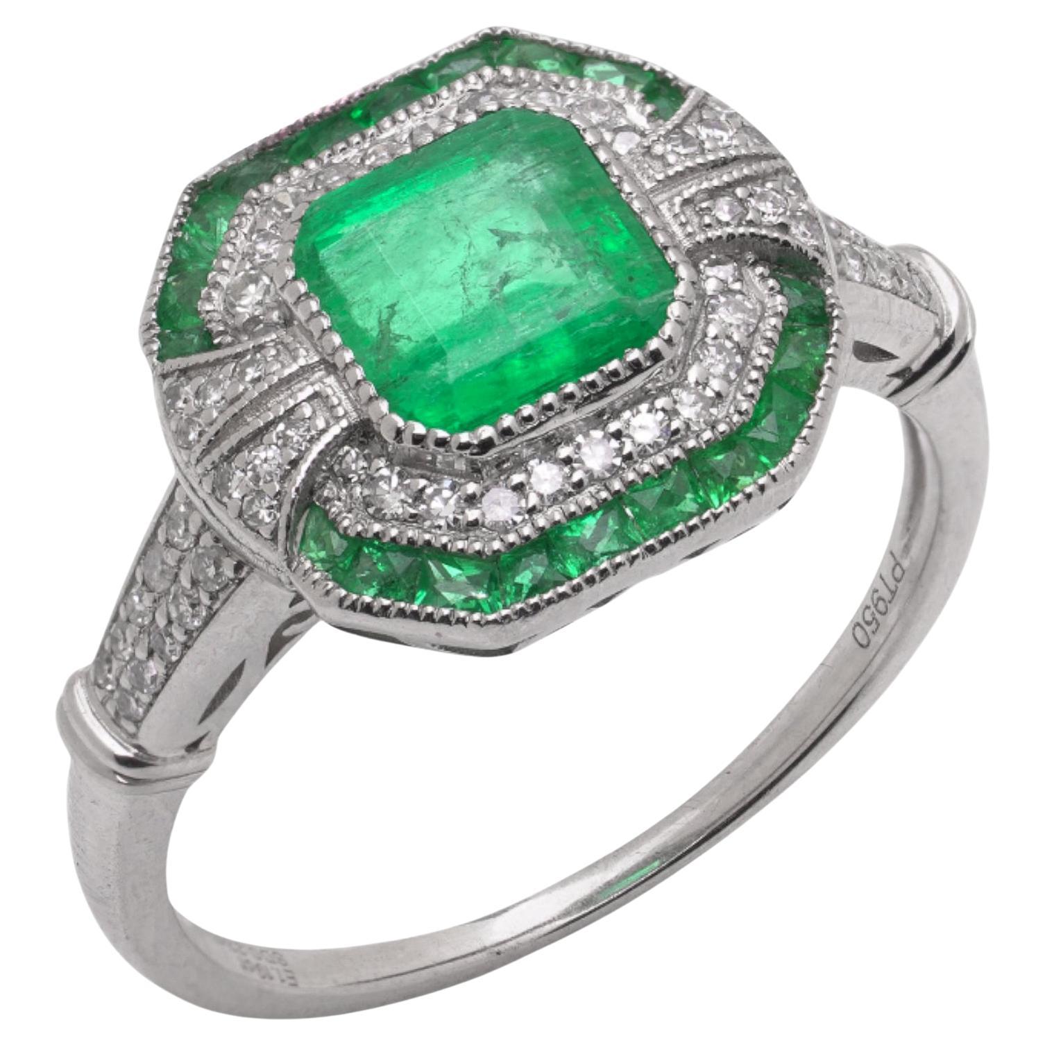 Art Deco Stil Platin 1,19 ct. Smaragd- und Diamant-Ring