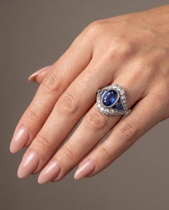 Art Deco Style Platinum 1.45 ct Sapphire and Diamond Navette Ring