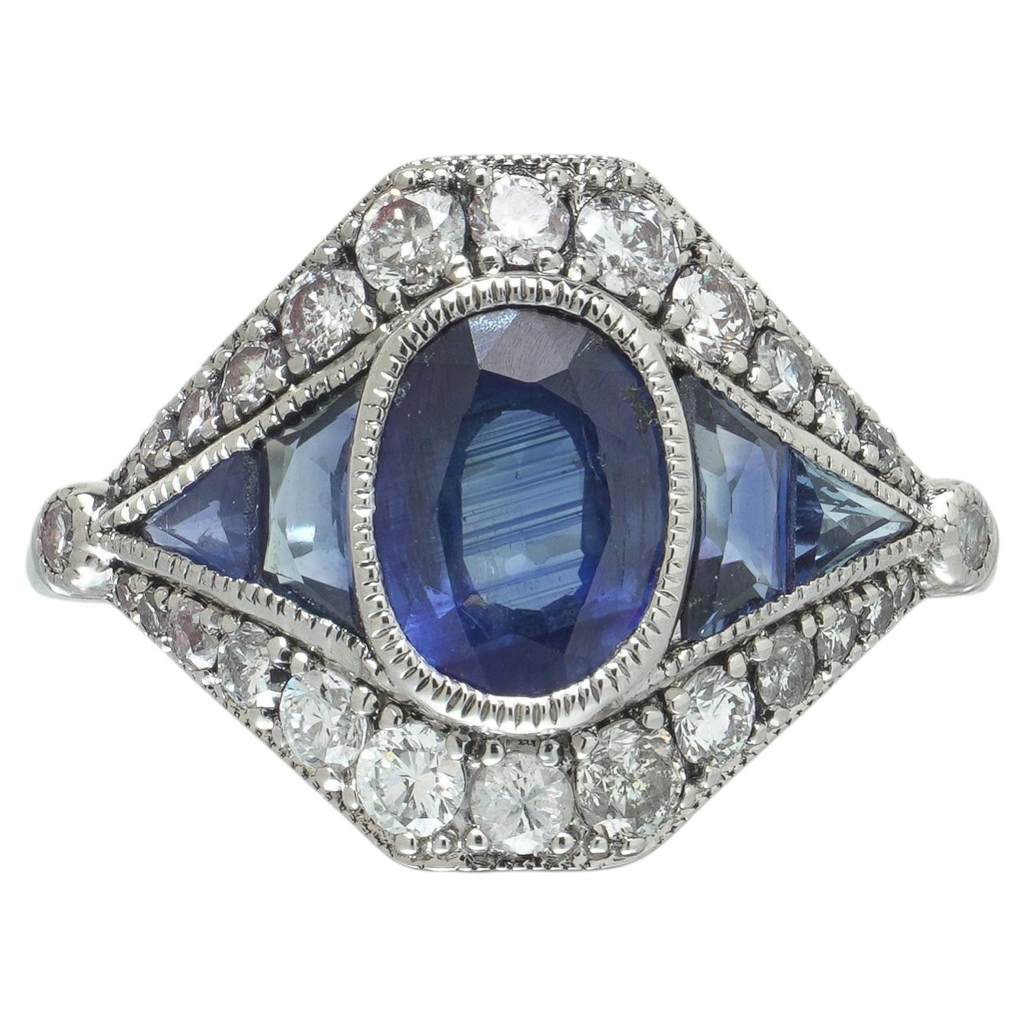 Art Deco Style Platinum 1.45 ct Sapphire and Diamond Navette Ring For Sale