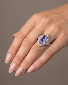 Art Deco Style Platinum 1.84 ct Sapphire and Diamond Lozenge Ring