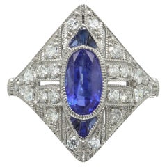 Art Deco Style Platinum 1.84 ct Sapphire and Diamond Lozenge Ring