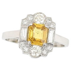 Art Deco Style Platinum 1 Carat Yellow Sapphire and 0.50 Carat Diamond Ring