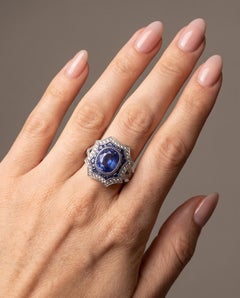 Art Deco Style Platinum 2.56 ct Sapphire and Diamond Shield Ring
