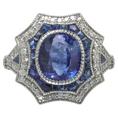 Art Deco Style Platinum 2.56 ct Sapphire and Diamond Shield Ring