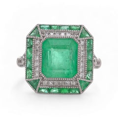 Art Deco Style Platinum 3.76 ct. Emerald and diamond ring