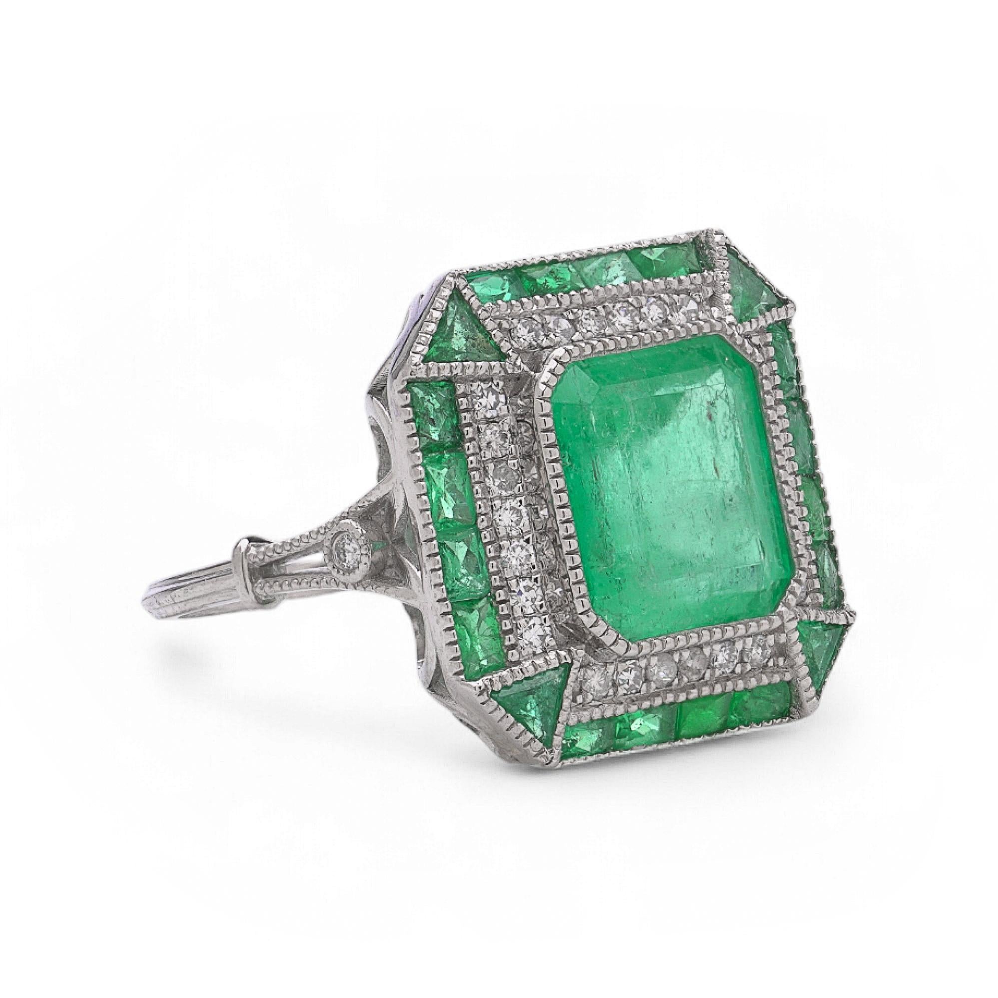 Art Deco Stil Platin 3,76 ct. Smaragd und Diamantring (Art déco) im Angebot