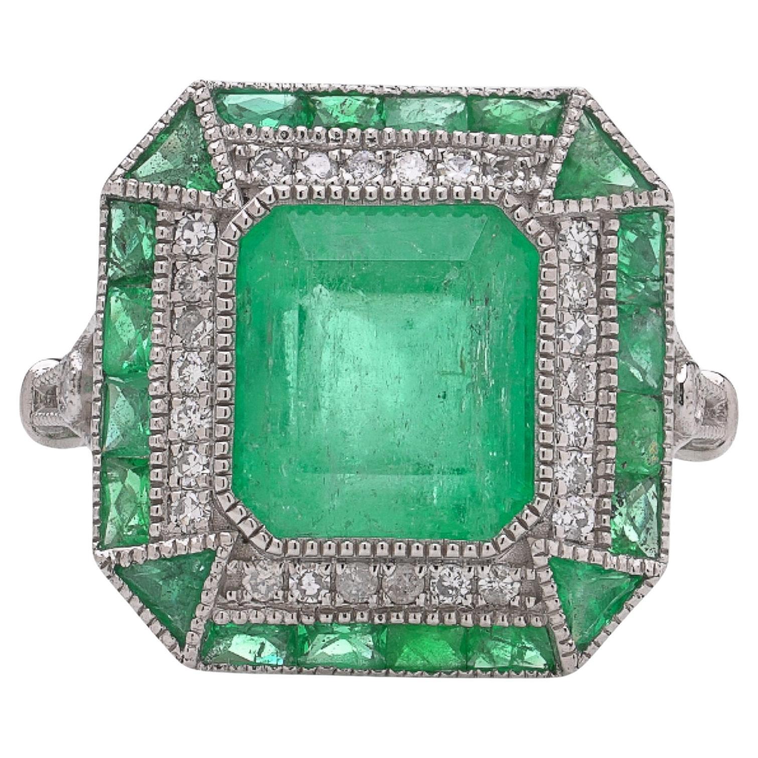 Art Deco Stil Platin 3,76 ct. Smaragd und Diamantring