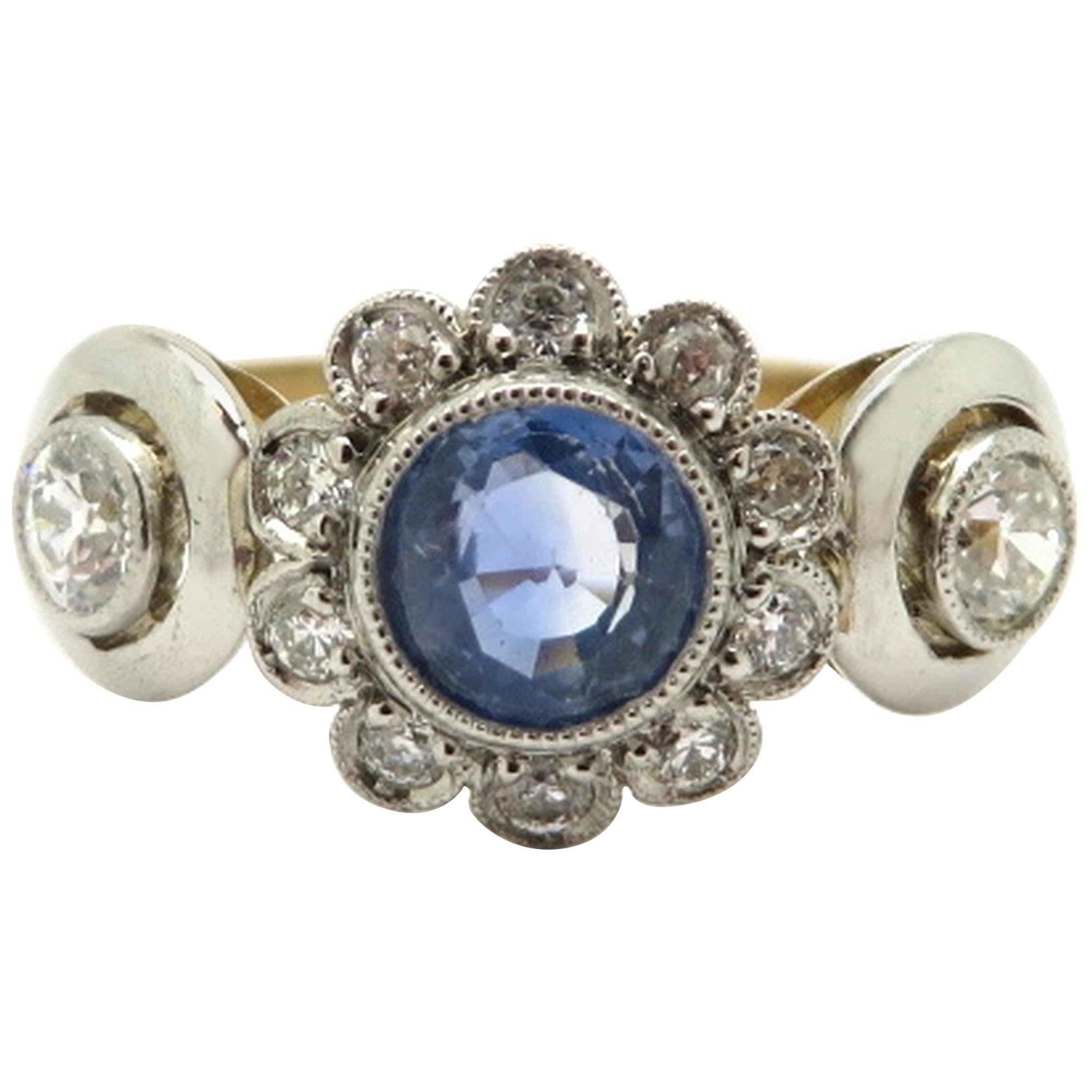 Art Deco Style Platinum and 18 Karat Two-Tone Flower Sapphire and Diamond Ring For Sale