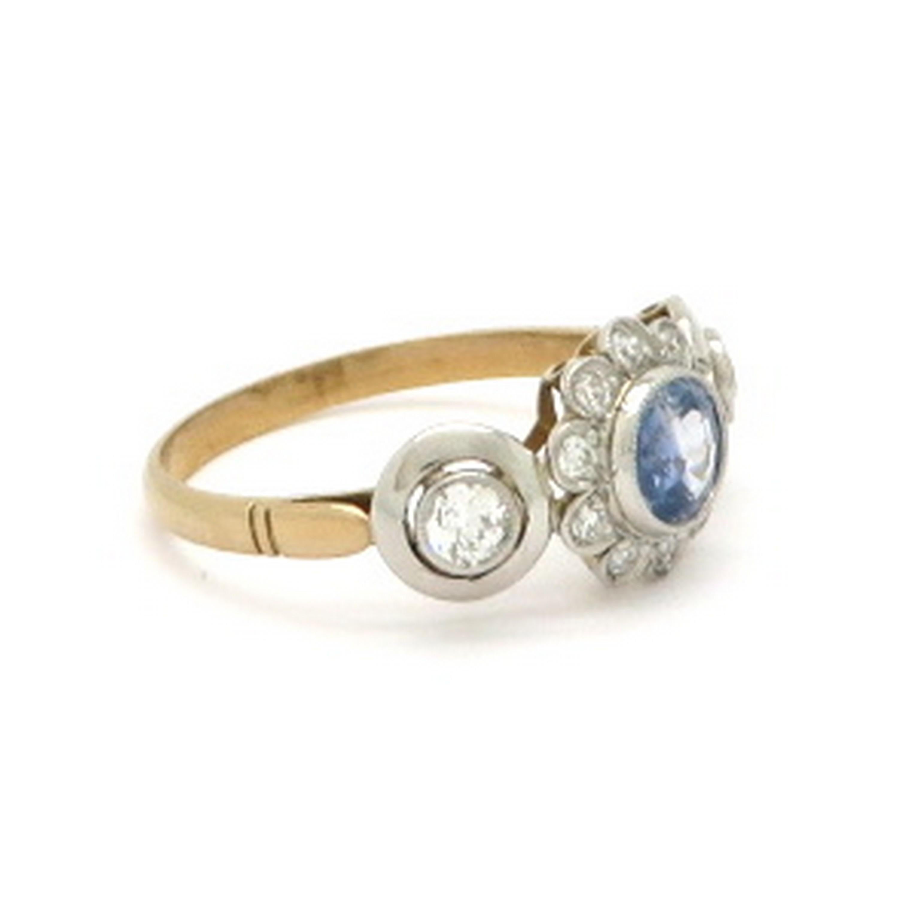 Art Deco Style Platinum and 18 Karat Two-Tone Flower Sapphire and Diamond Ring In Excellent Condition For Sale In Scottsdale, AZ