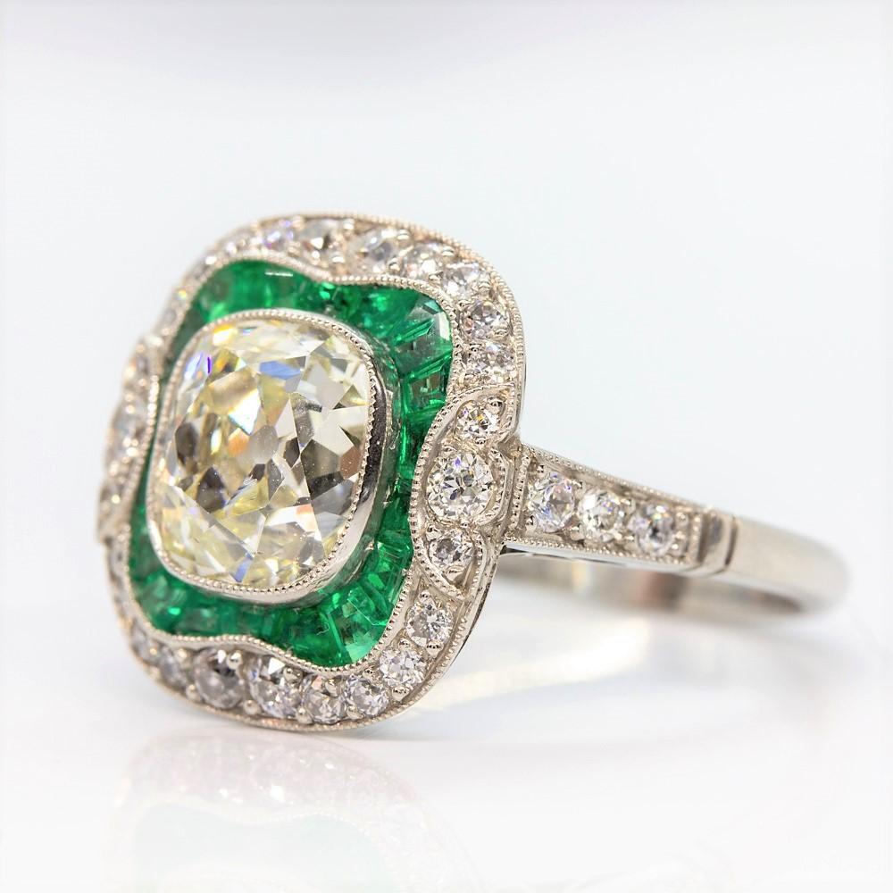 Old Mine Cut Art Deco Style Platinum Antique Diamonds and Emeralds Ring