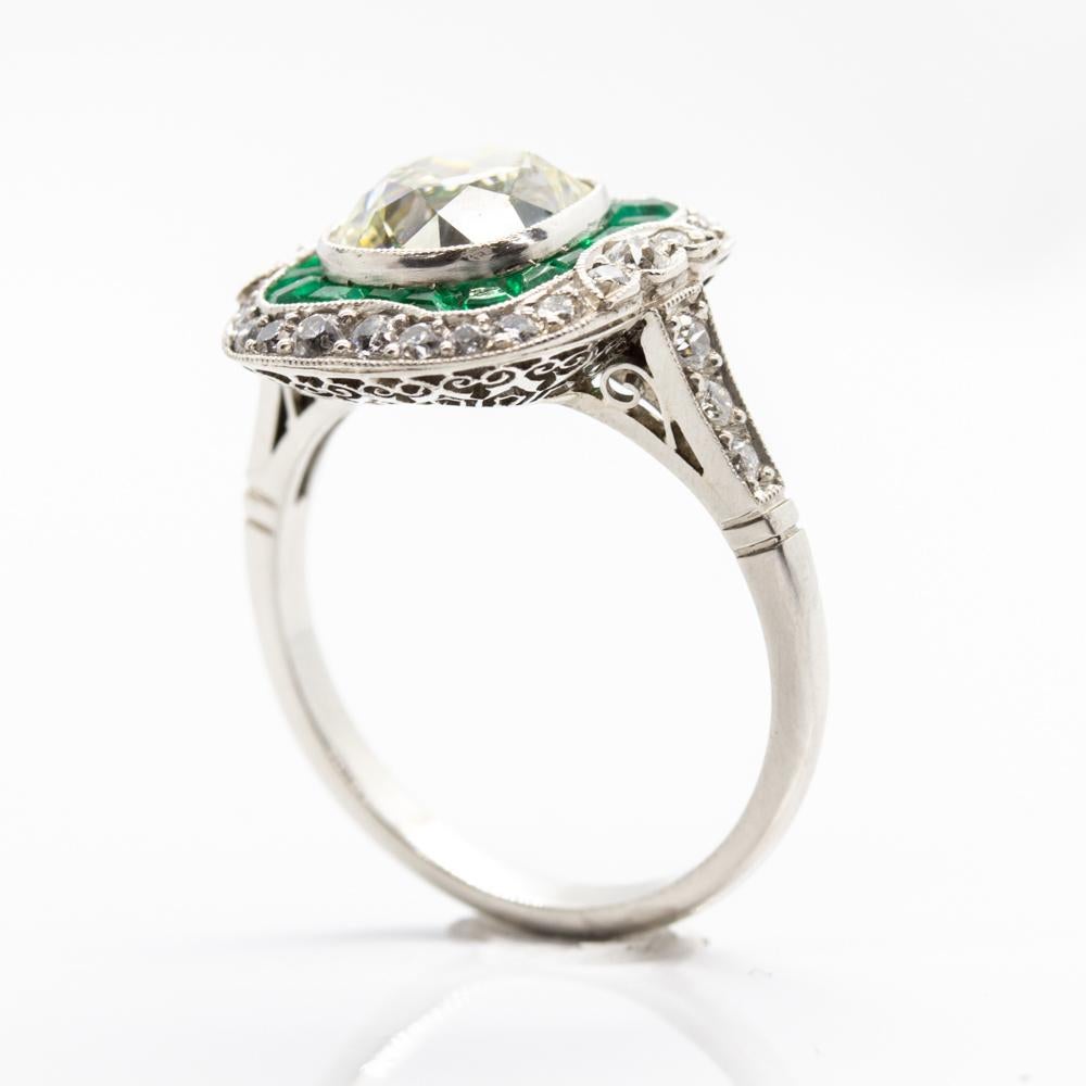 Women's or Men's Art Deco Style Platinum Antique Diamonds and Emeralds Ring