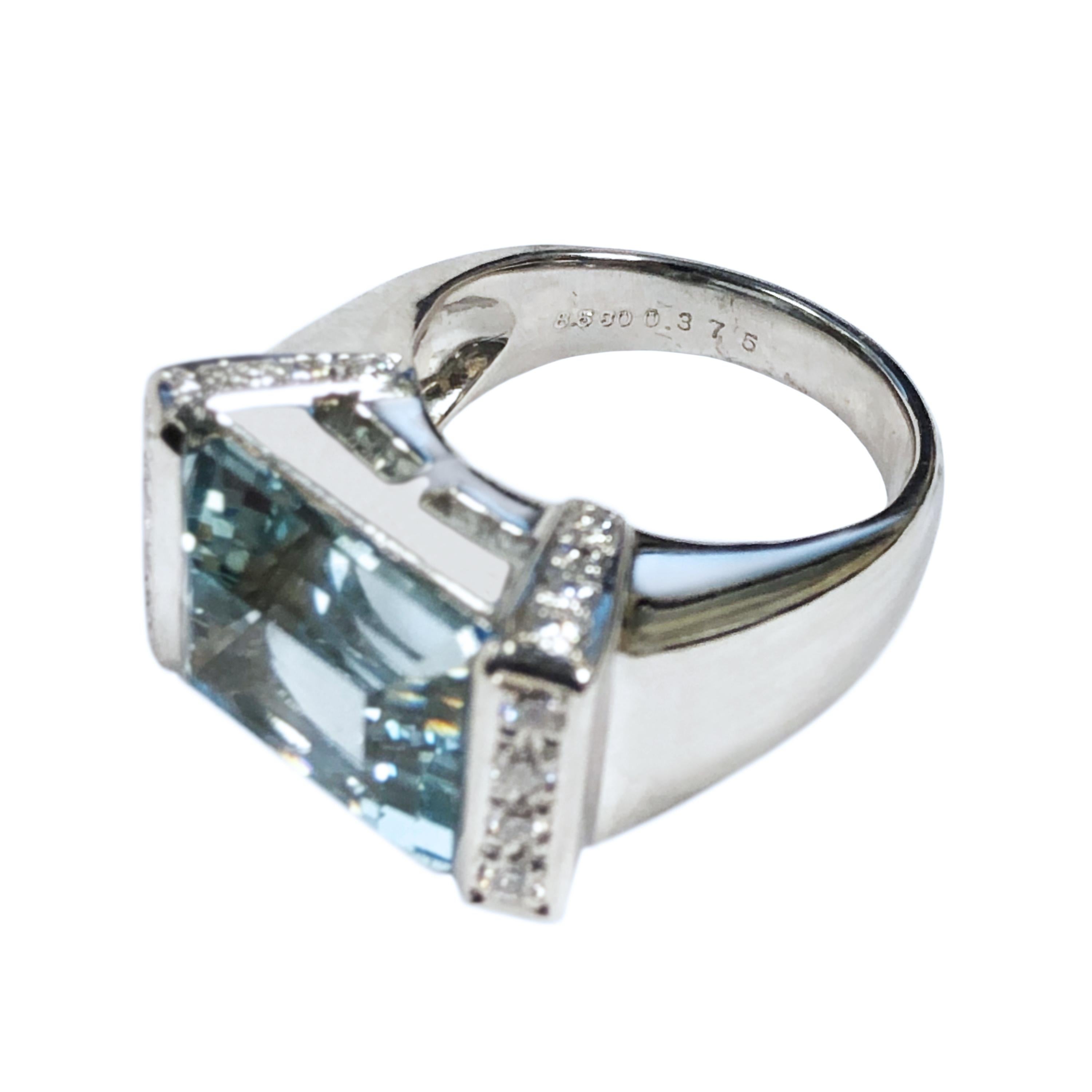 Emerald Cut Art Deco Style Platinum Aquamarine and Diamond Ring