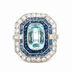 Art Deco Style Platinum Aquamarine Sapphire Diamond Cocktail Ring