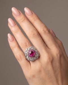 Art Deco Style Platinum Burmese Ruby and Diamond Cushion Plaque Ring
