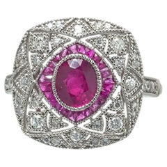 Art Deco Style Platinum Burmese Ruby and Diamond Cushion Plaque Ring