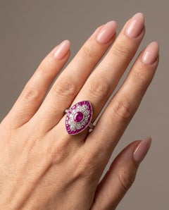Art Deco Style Platinum Burmese Ruby and Diamond Navette Ring